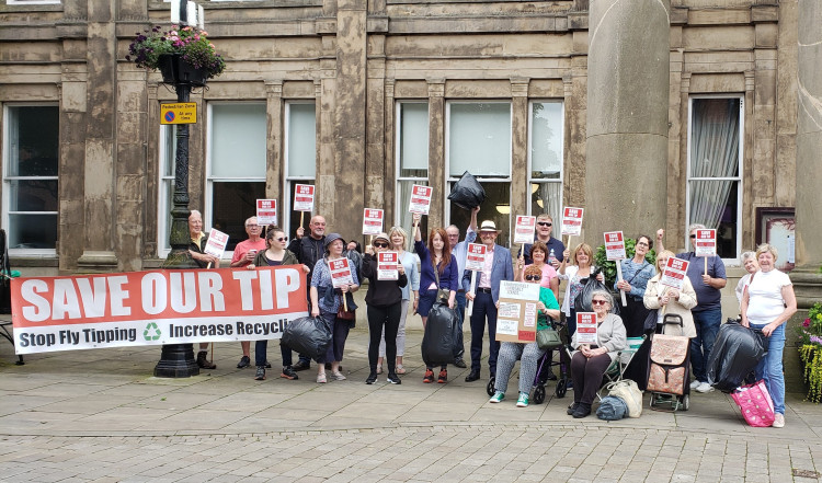 'SAVE BOLLINGTON TIP' protestors outside Macclesfield Town Hall on Thursday. (Image - Belinda Ryan / Local Democracy Reporting Service) 