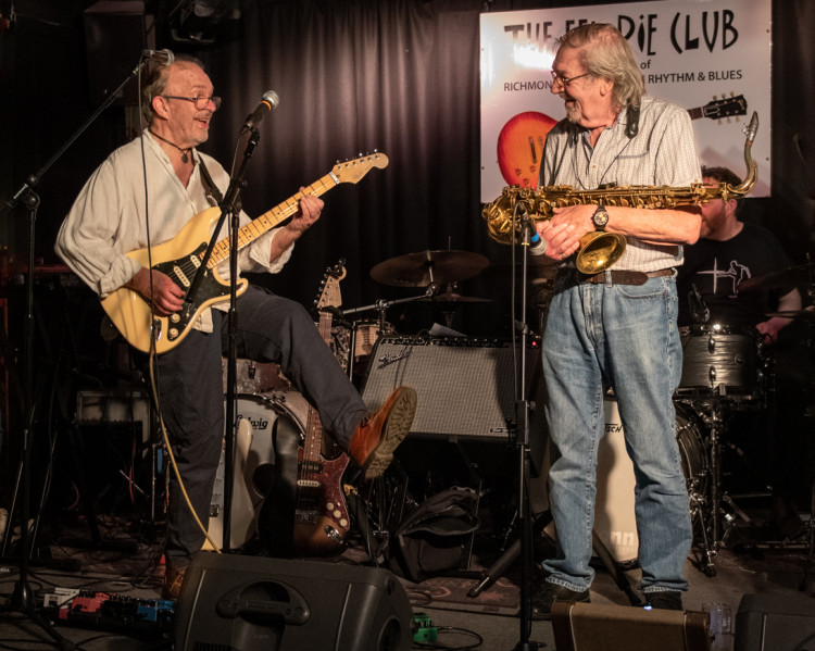Ealing Blues Festival founder Robert Hokum (left) on stage with Terry Marshall (credit: Ealing Club Community).
