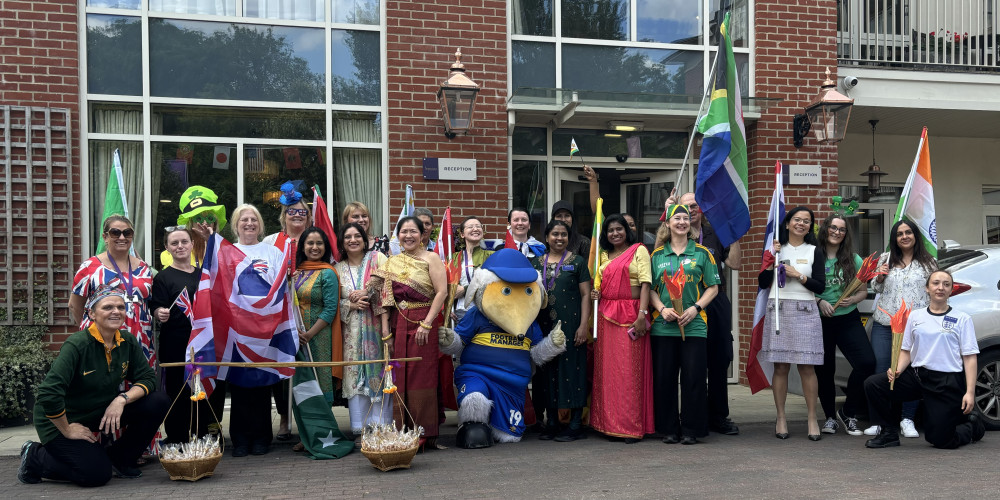 Coombe Hill Manor’s 10th birthday celebration saw residents joined by Wimbledon AFC mascot, Haydon the Womble. (Photo: Coombe Hill Manor)