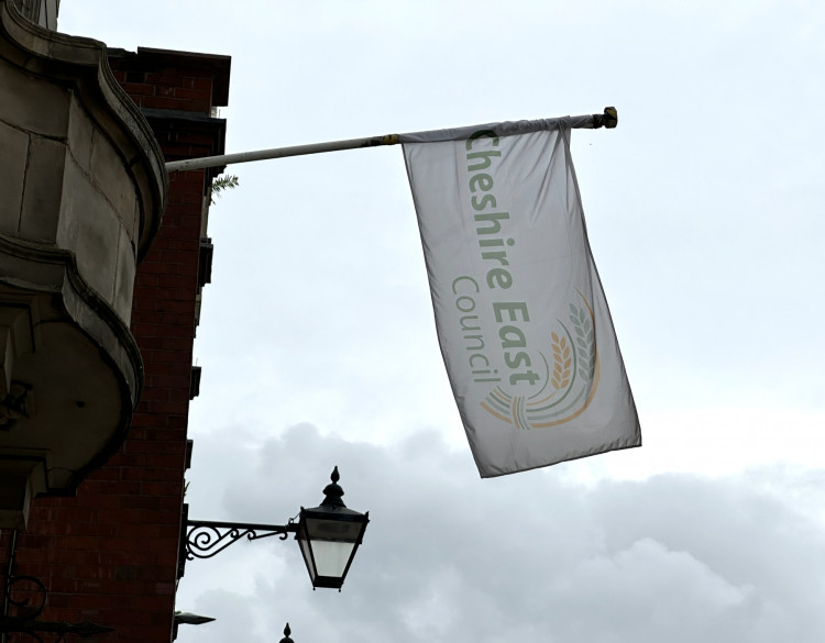 A Cheshire East Council flag, outside Crewe Municipal Buildings. 
