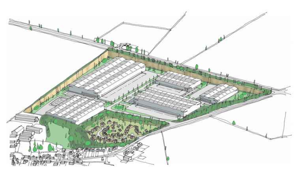 The site of the proposed homes, together with the proposed warehousing development.