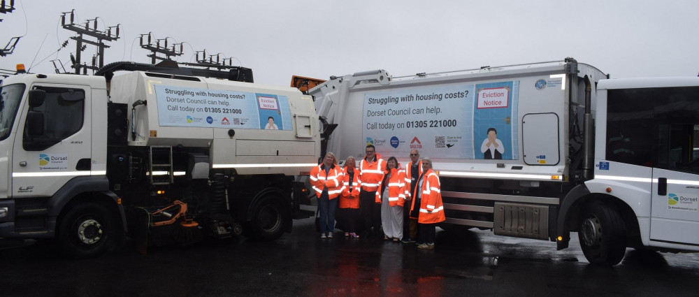 Representatives from Dorset Council, Citizens Advice and Shelter come together at Wareham Depot for campaign launch of the Housing Advice Line.