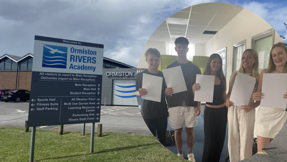 Ormiston Rivers Sixth Form Students have collected their results. From the left: Ross Foster, Ethan Hague, Lily Newby, Millie Maggs, Milly Gilmour.  (Photo: Chloe Brewster)