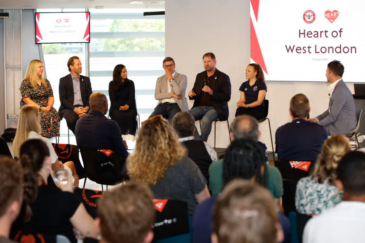 (From left to right) Suzanne Rowan, Dt Steven Cox, Dr Sabiha Gati, Dr Richard Bowyer, Dr James Cant, Emily Donovan and Greig Mailer (credit: David Cliff/Brentford FC).