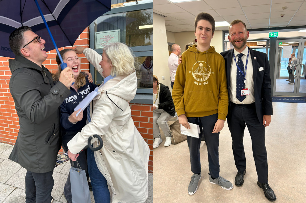 Mia T celebrates her results (left) and (right) Headteacher Mr Galvin with Lester G who received an amazing set of results. 