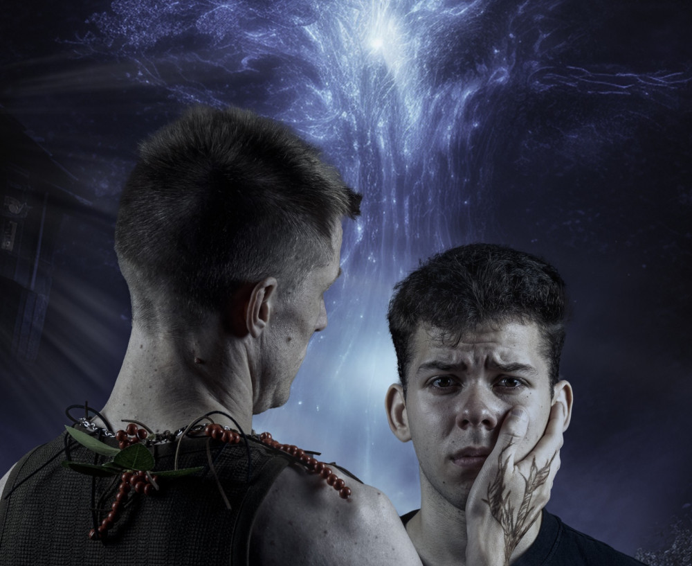 The monster (L - Ben Ionoff) and Conor (R - Oliver Mason) stand united in their shared pain (image by Robert Warner)