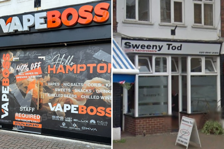 The new shopfront at 117 Station Road, Hampton (left) and the original shopfront (right) when it was a barbershop (credit: Google Maps).