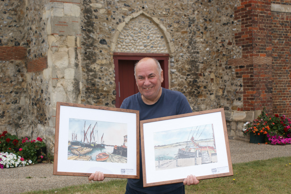 Mike Parker with two of his artworks outside The Maeldune Heritage Centre, Market Hill. (Photo: Mike Parker)