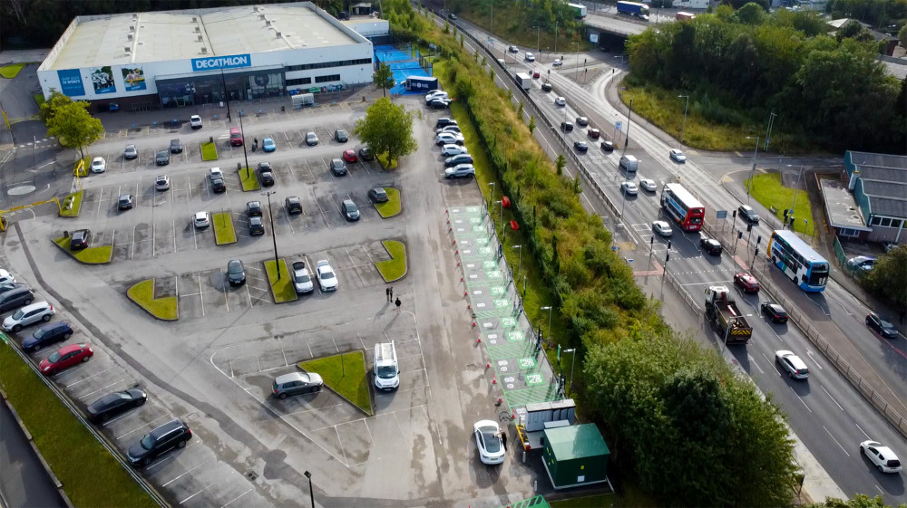 A new electric vehicle charging hub with 15 bays has opened at Stockport Decathlon, with an official launch day set for 8 September (Image supplied)