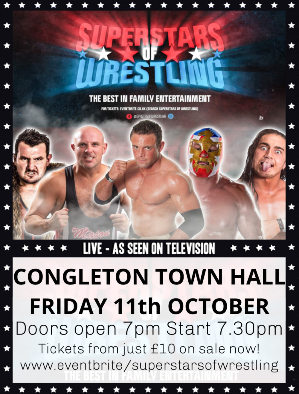 Superstars of Wrestling takes place at Congleton Town Hall on the night of Friday 11 October (Superstars of Wrestling).