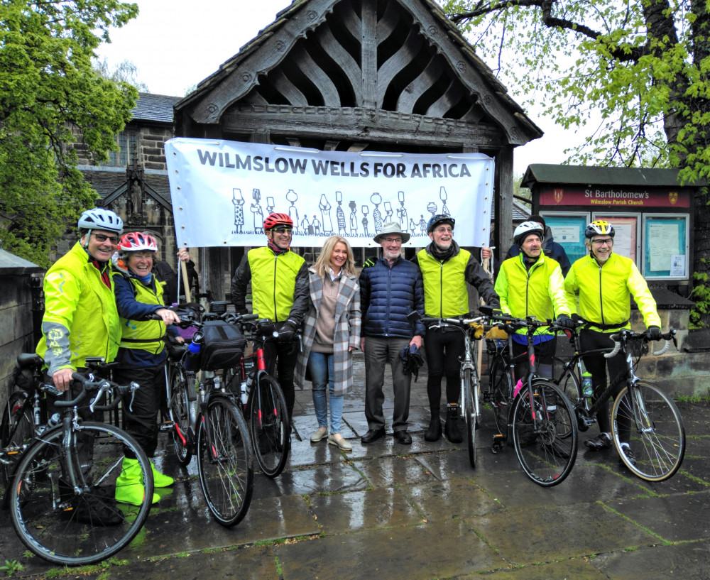 Volunteers pictured with Wilmslow MP Esther McVey at the start of the Wilmslow to Wells (Somerset) Bike Challenge in April, image – Wilmslow Wells for Africa. 