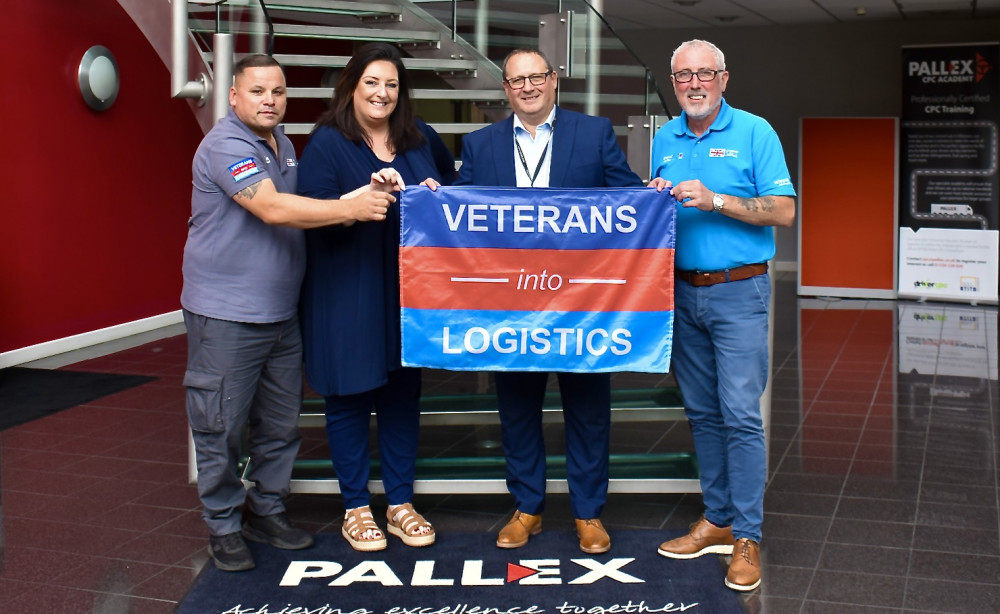 Left-to-right: Darren Wright – Founder of Veterans into Logistics, Stephanie Durrant - Group HR Director at Pall-Ex Group, Kevin Buchanan – Group CEO of Pall-Ex Group and John Parker MBE, General Manager of Veterans into Logistics