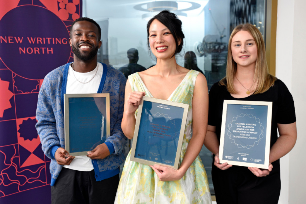 Channel 4's Writing for TV Award winners, left to right: Nana-Kofi Kufuor, Emily Low and Rebecca Glendenning-Laycock (Image supplied)