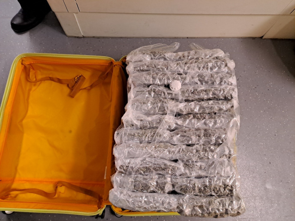 A suitcase filled with cannabis which Border Force officers stopped from being smuggled into the UK via Heathrow Airport (credit: NCA).