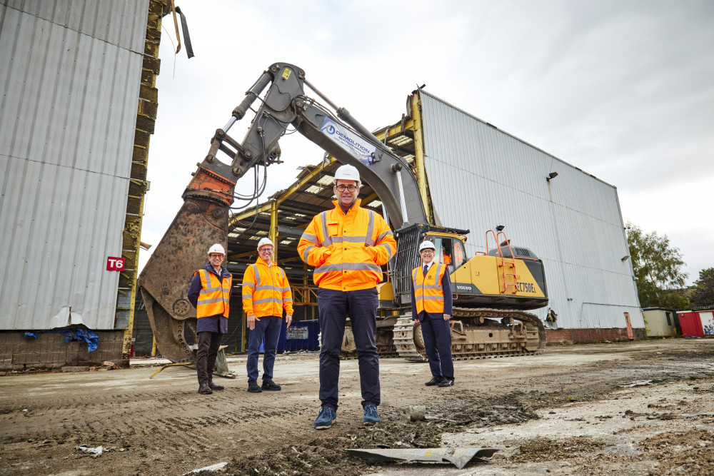 Kao Data's Spencer Lamb and Doug Loewe With Andy Burnham and Cllr Mark Hunter, on the site of the new centre in Reddish (Image - Kao Data)