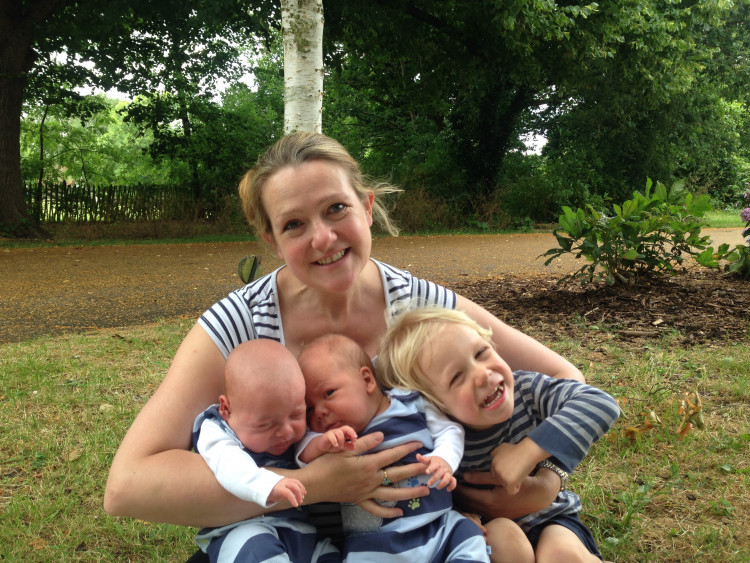 Emma Fogden with her twins and older son (credit: Twins Trust).
