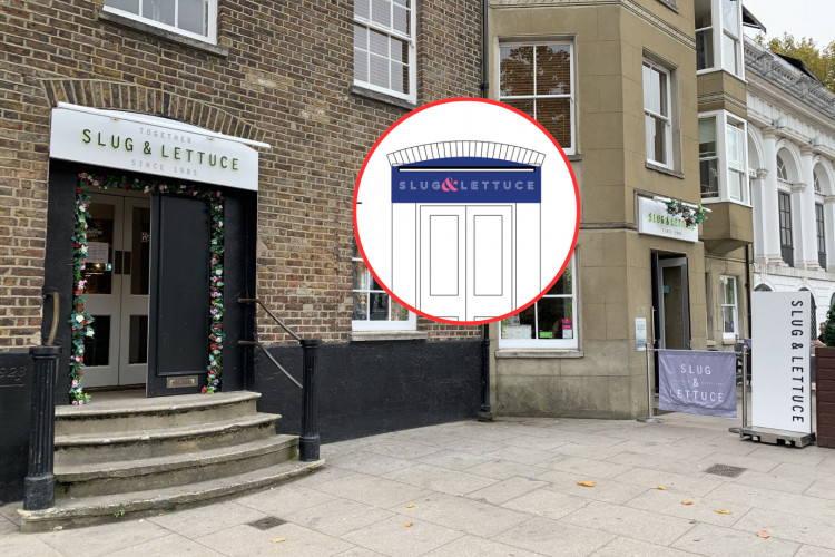 The Slug & Lettuce on Water Lane, Richmond plans to change its front signs (credit: Stonegate Group & Planning application). 