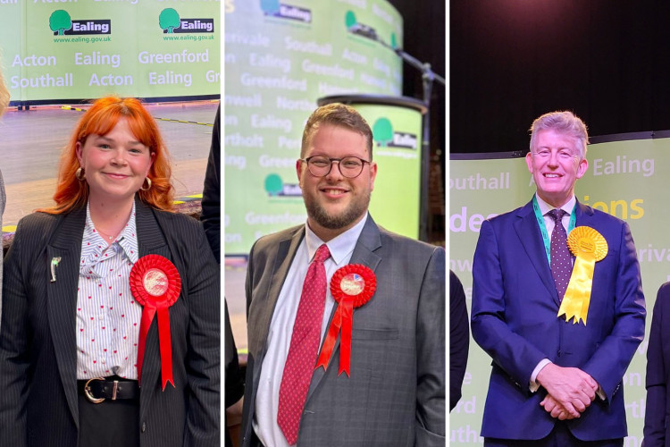 (Left to right) Katie Douglas, Dominic Moffitt and Jonathan Oxley become councillors after winning in Ealing by-elections on 10 October 2024 (credit: Ealing Labour & Ealing Lib Dems).
