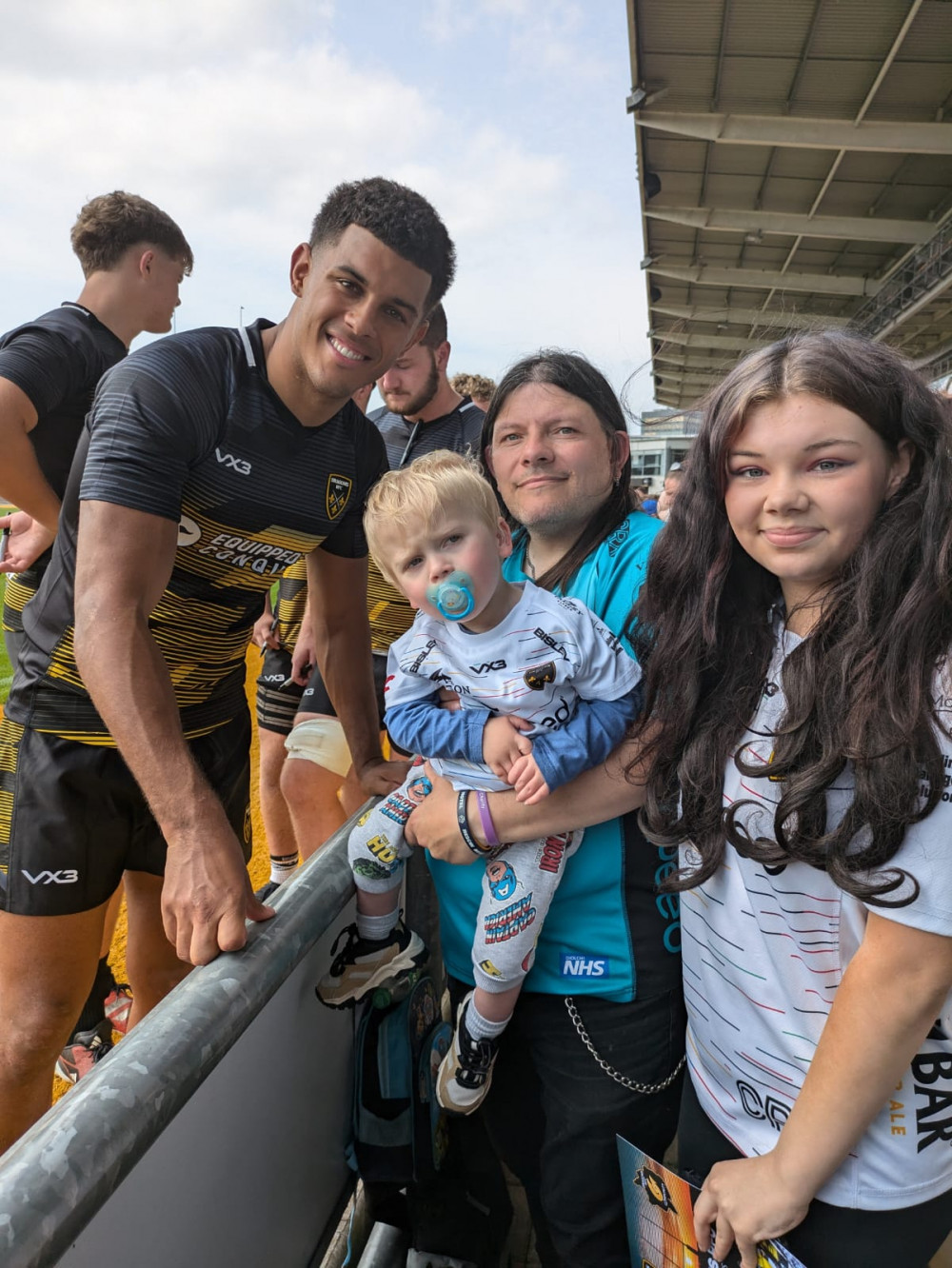 Rio Harrison, two, with grandad Paul Sainsbury and aunty Kelcea Sainsbury and namesake rugby star Rio Dyer.