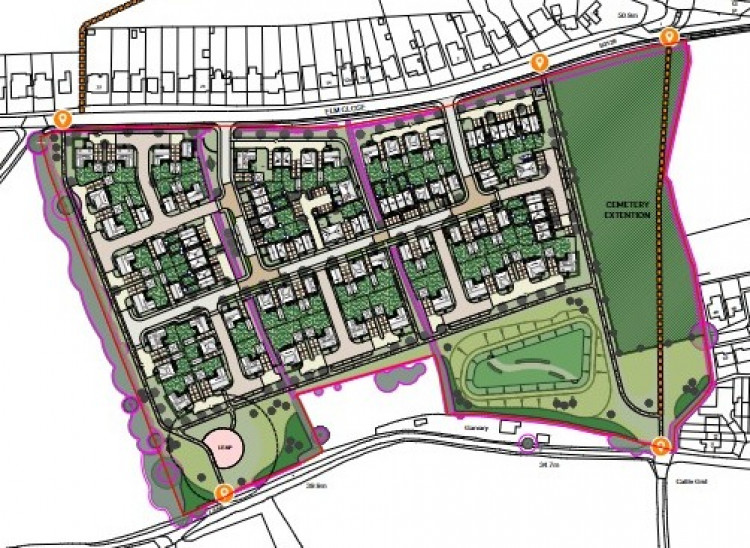 Revised Plans For 100 Homes And Cemetery Extension On The B3139 Elm Close In Wells. CREDIT: Pegasus Group.