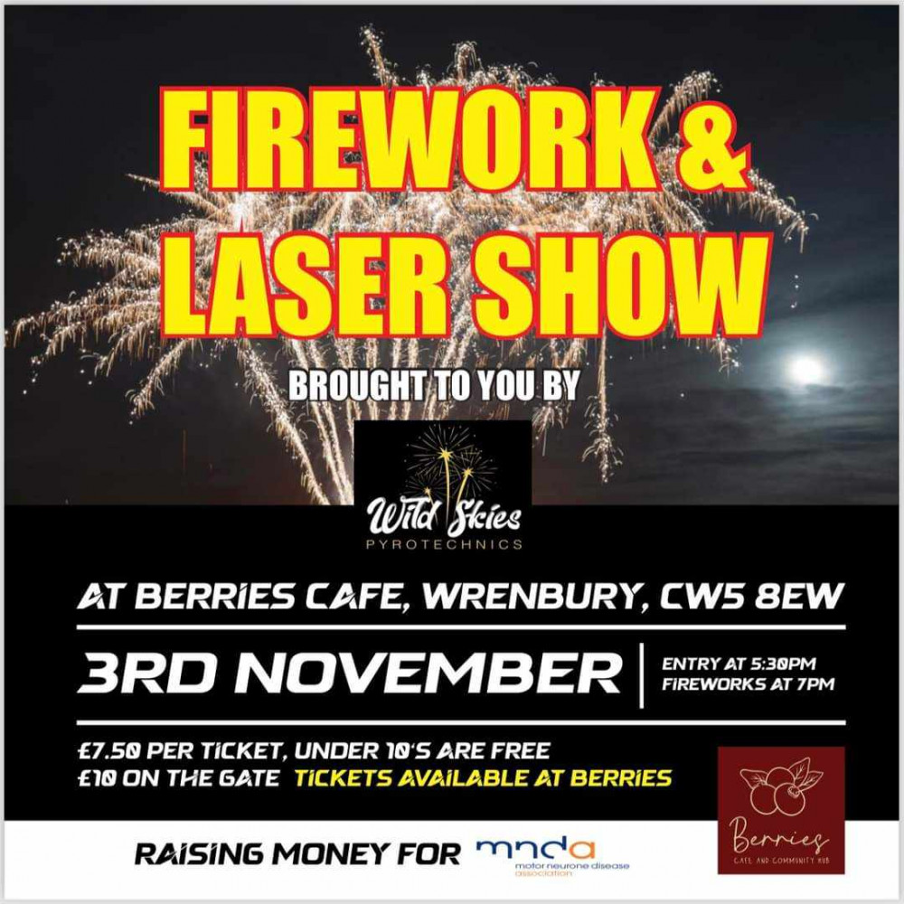 A Fireworks and Laser Show is taking place from 5.30pm on Sunday 3 November, brought to you by Wild Skies pyrotechnics. A Fireworks and Laser Show is taking place from 5.30pm on Sunday 3 November, brought to you by Wild Skies pyrotechnics.