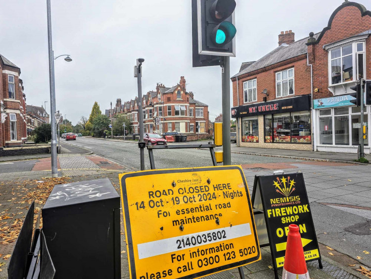Nantwich Road/Crewe Road, between Bedford Street and Brookland Avenue, is closed between 7pm and 6am until Saturday 19 October (Ryan Parker).