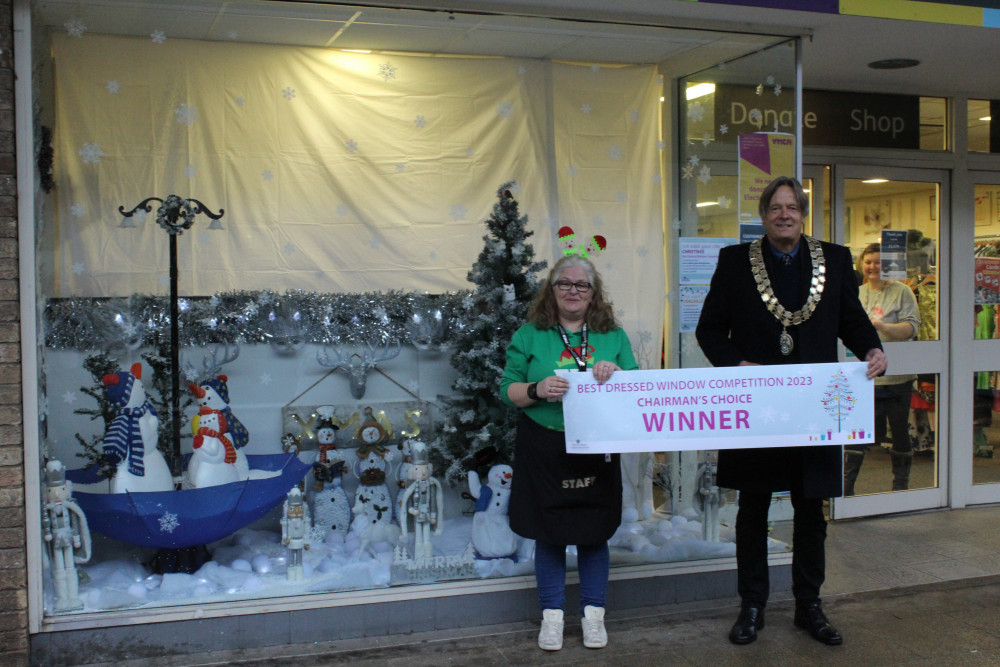 Last year's Best Dressed Window Chairman’s Choice winner – Jo Luxton of YMCA Coalville Branch and NWLDC Chairman Councillor Ray Morris. Photo: Supplied