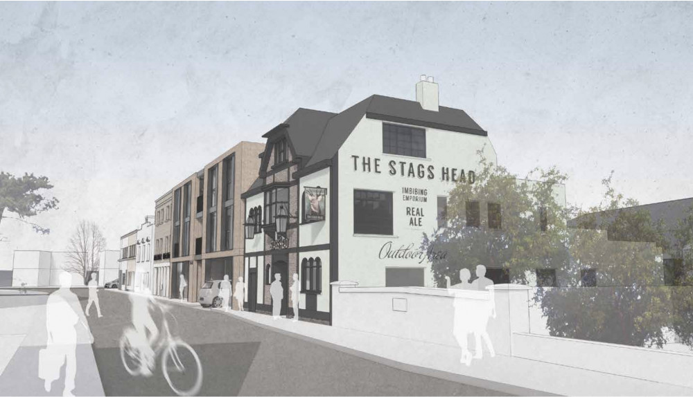 An artist impression of the proposed development in Priests Bridge, East Sheen to the left of The Stag Head (credit: Planning application).