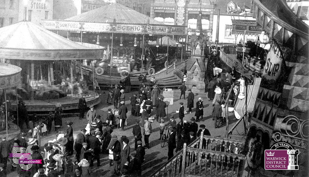 The Mop Fair is shown in the Market Place in 1928 (image via Warwick District Council)