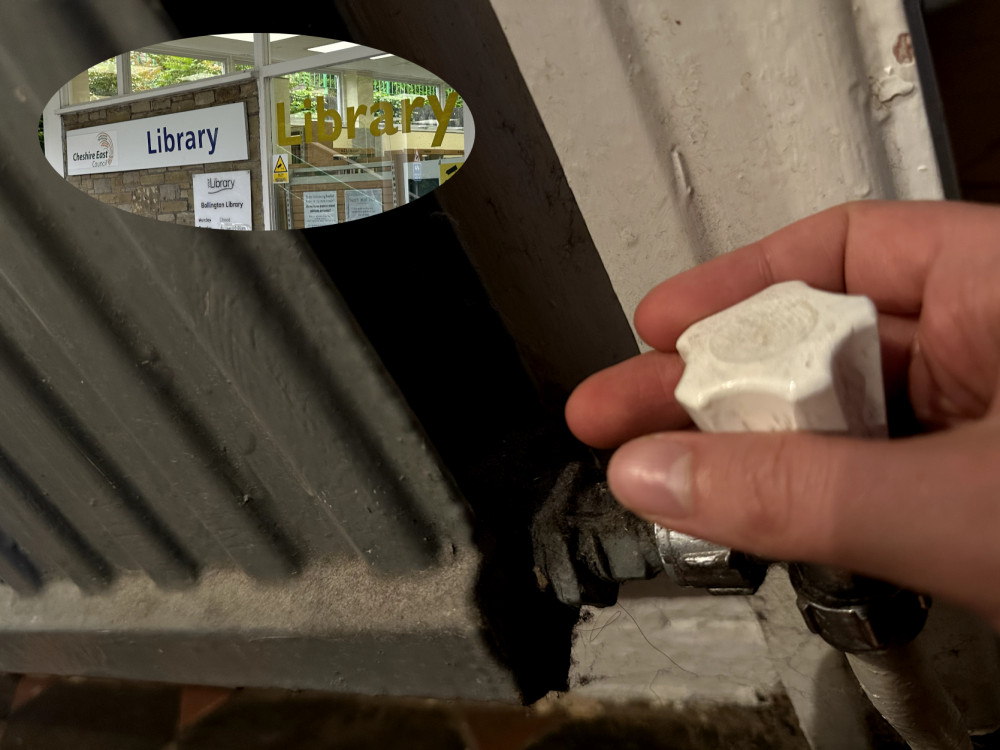 A radiator and Bollington Library, Palmerston Street (inset). (Image - Macclesfield Nub News)