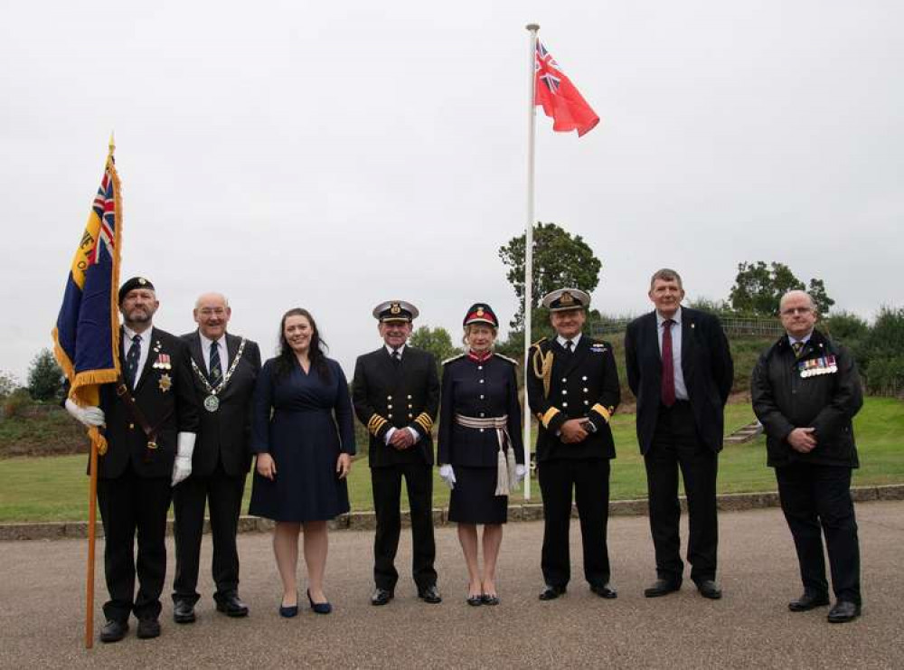 Left to right: Royal British Legion standard bearer Adam Lowe, Cllr. Jeff Dale, Alicia Kearns MP, Captain Bob Strick, Lord Lieutenant of Rutland Dr Sarah Furness, Commodore Robert Bellfield, Cllr. Oliver Hemsley, Cllr. Ian Razzell