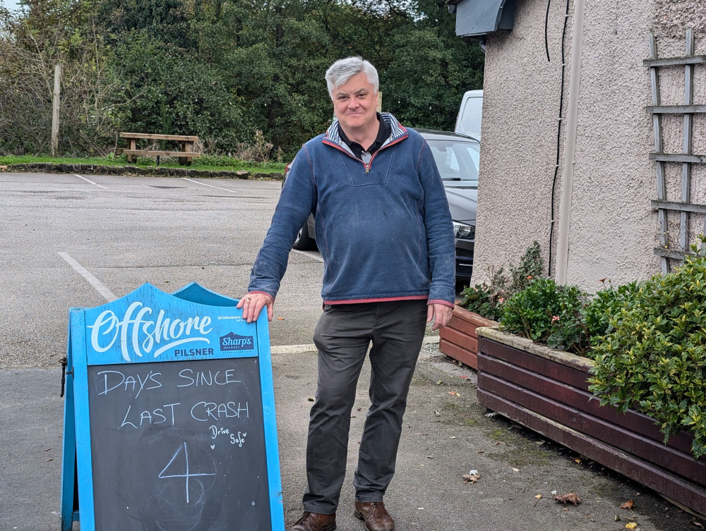 Conor Devine, landlord of The Huntsman, is using an A-board to advertise the number of days since the last incident (LDRS).