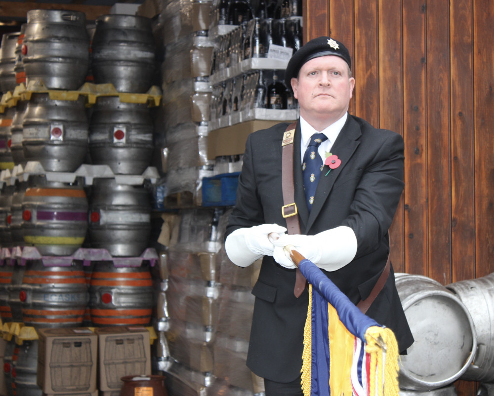 Hayfield Royal British Legion standard bearer Paul Cooper, at Wincle Brewery, following the brewing of Wincle Brewery's poppy appeal ale 'Standard Bearer'. (Image - Macclesfield Nub News)