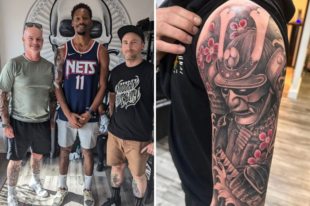 David (left) next to Ethan Pinnok (centre) at West London Ink and a picture of a sleeve from one of David's customers (credit: @westlondoninktattoos/Instagram). 