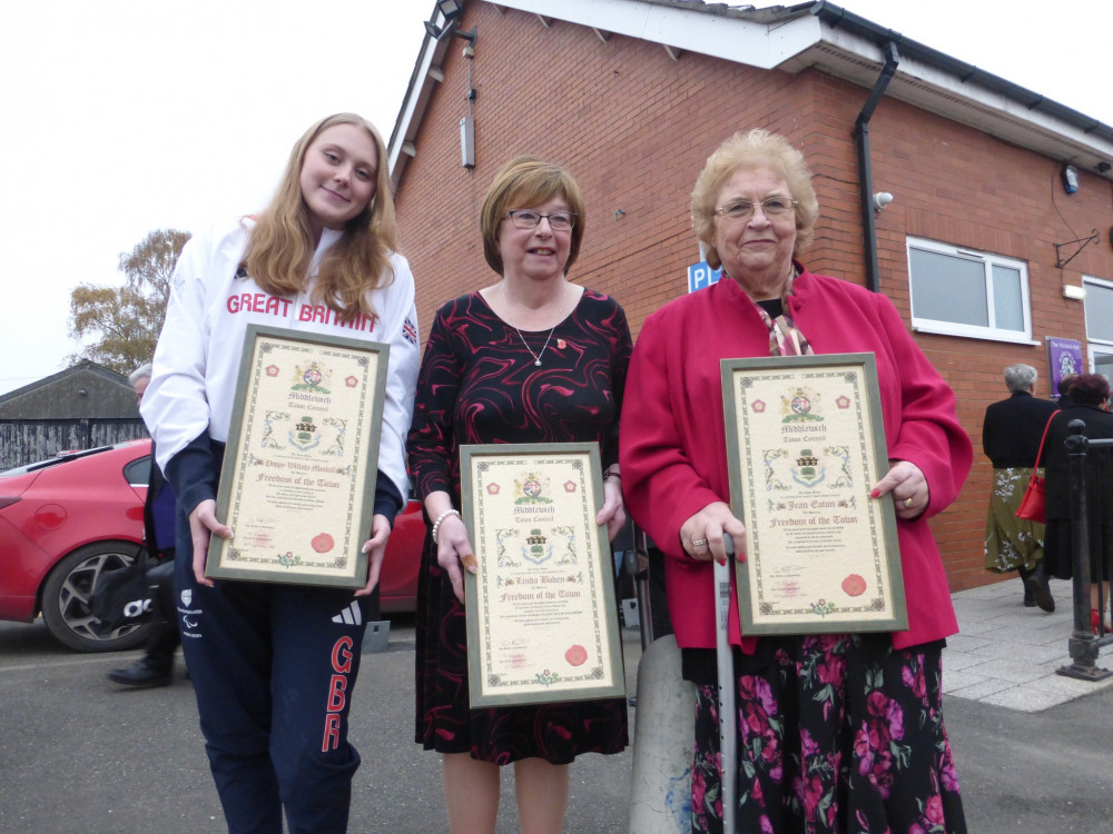 Paralympic gold medal winning local swimmer, Poppy Maskill was given Freedom of Middlewich along with Linda Boden and Jean Eaton. (Photo: Stewart Green) Paralympic gold medal winning local swimmer, Poppy Maskill was given Freedom of Middlewich along with Linda Boden and Jean Eaton. (Photo: Stewart Green)