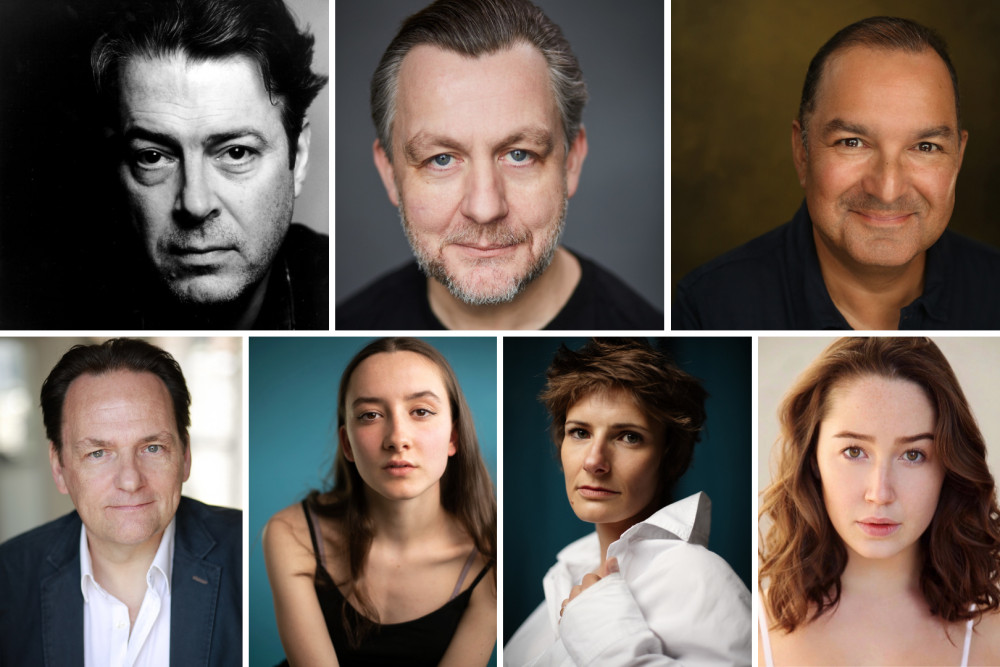 (Top left to bottom right) Roger Allam as Winston Churchill, Alan Cox as Archie Clerk Kerr, Julius D’Silva as Vyacheslav Molotov, Peter Forbes as Joseph Stalin, Tamara Greatrex as Svetlana Stalin, Jo Herbert as Sally Powell and Elisabeth Snegir as Olga Dovzhenko (credit: Orange Tree Theatre).