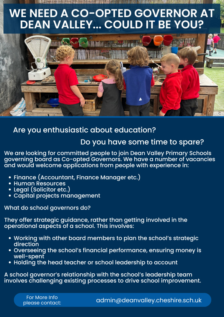 Dean Valley Primary School is actively searching for dedicated, community-minded individuals to join its governing board as Co-opted Governors (Dean Valley Primary School).