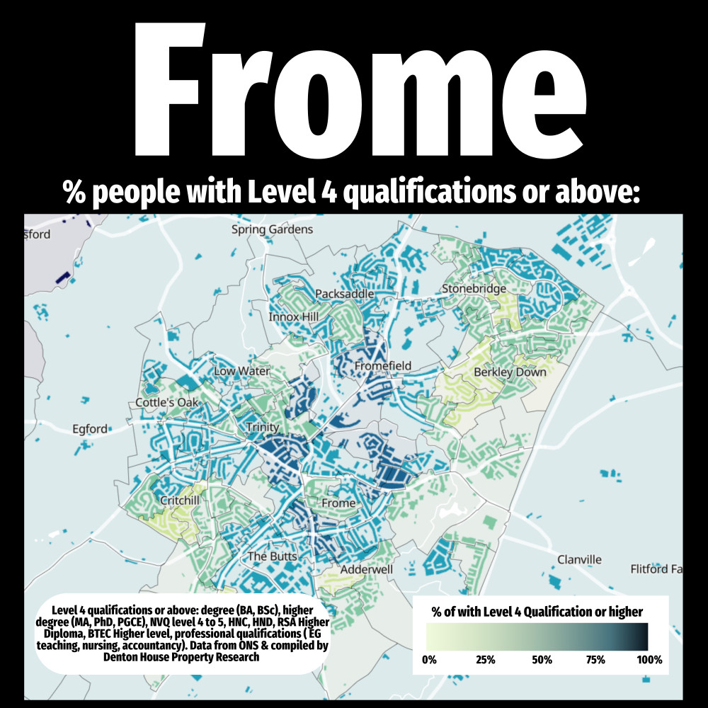 A map of Frome reveals the distribution of residents with Level 4 qualifications and above, showcasing the town’s educational diversity.