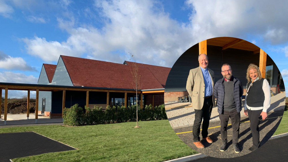 The Crematorium from the outside [Left], Rev Peter Begley, Ven. Adam Atkinson Bishop of Bradwell, and Marian Millington of Elegy [Right]. (Credit: Maldon Fields)