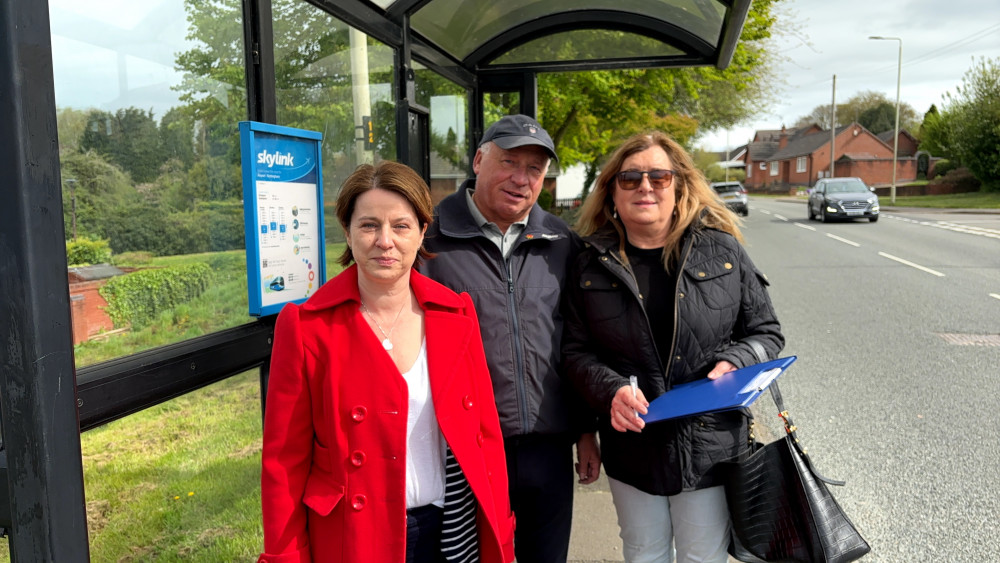 Amanda Hack MP, Cllr Peter Moult, and campaigner Jacqueline McNeice, who discussed the rerouting of services in Whitwick last April. Photo: Supplied