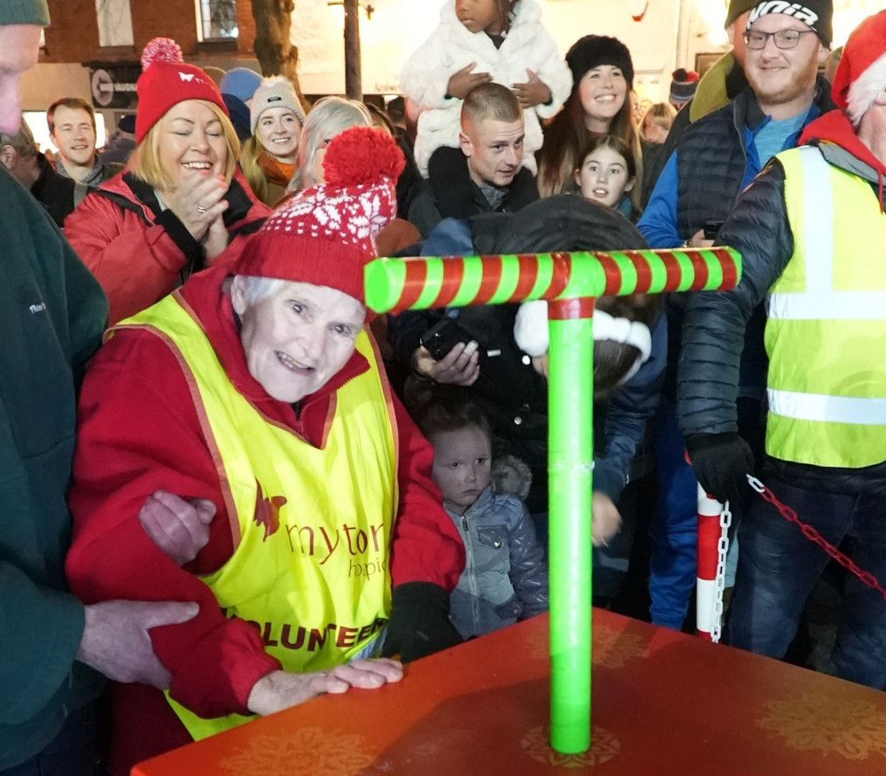 Margaret Kite, 93, turned on the Christmas lights on High Street on Friday (image by Warwick District Council)