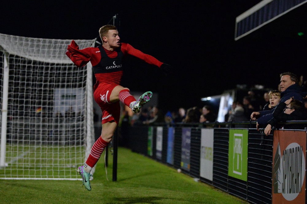 Sam Bantick celoebrates his late winner. Picture by Paul Bocking (Infocus Photos).