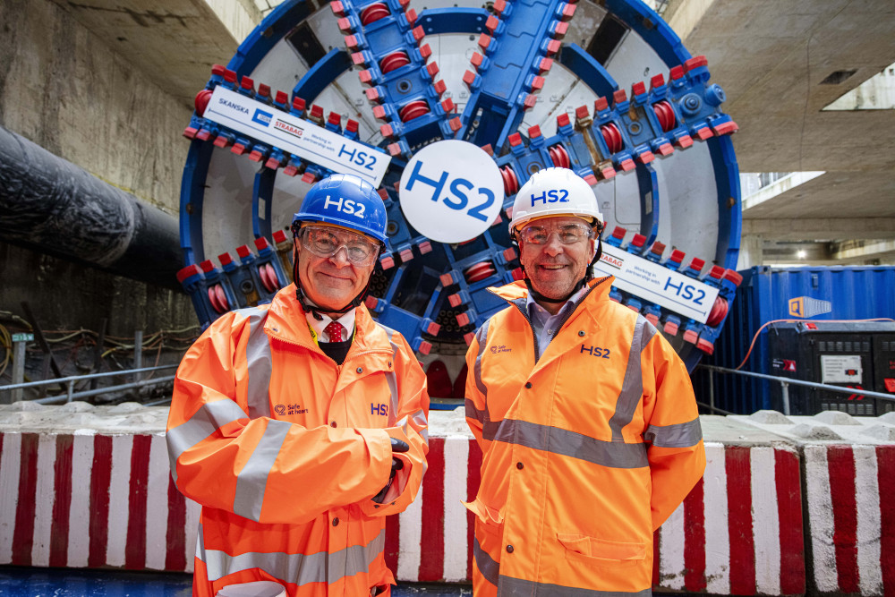 Rail Minister Lord Peter Hendy (left) and new HS2 CEO Mark Wild at Old Oak Common East box where the Euston TBMs are being prepared (credit: HS2).