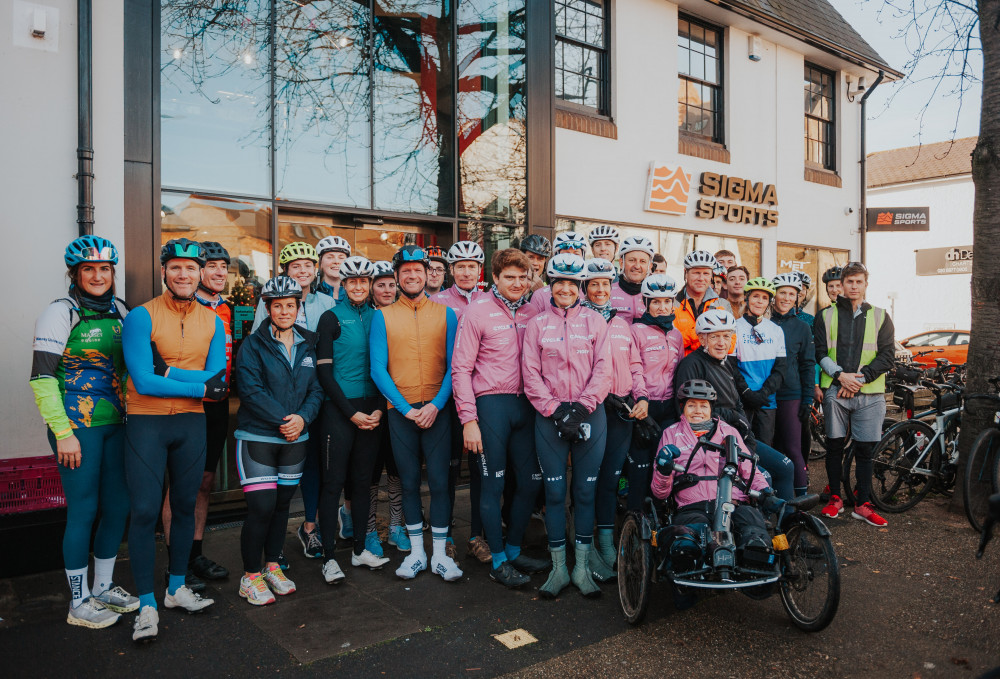 During the final leg of the ride, the cyclists took a pit stop at Sigma Sports in Hampton Wick (Credit: Tilly Berendt)