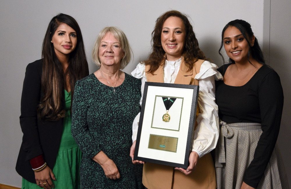 (Left to right) Karina Peshawaria, Retail Director, Dame Mary Perkins, Co-Founder Specsavers, Shenaz, Trainee Contact Lens Optician and Bhavisha Patel, Optometrist Director - Specsavers New Malden (Image supplied)