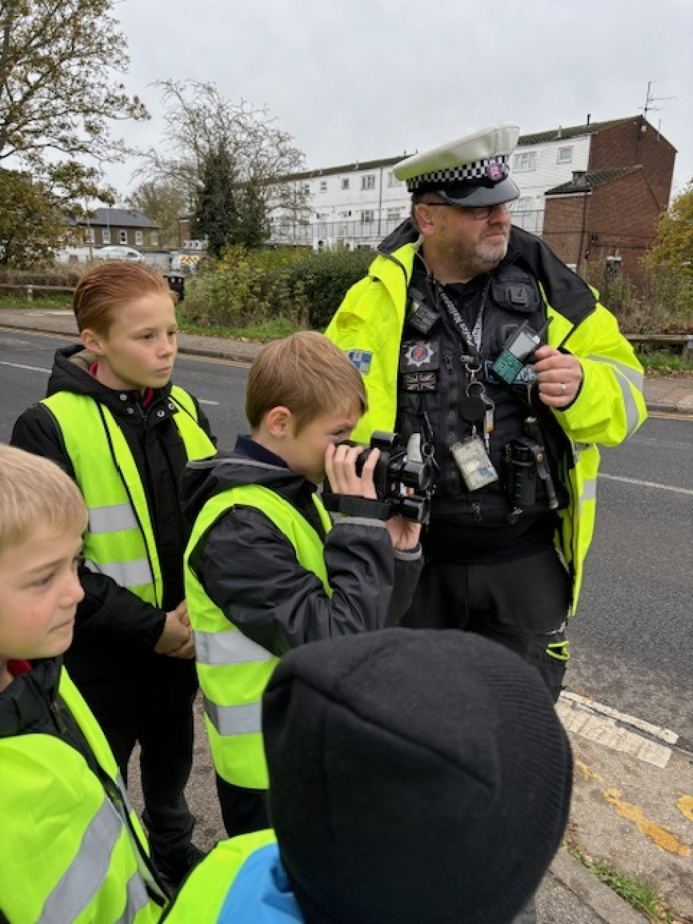 Pupils at Benyon Primary taking part in the speed watch