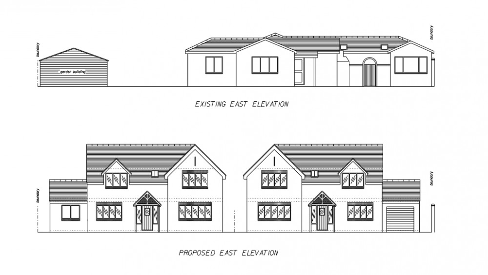 Drawings of the existing bungalow and the proposed new homes on Stratford Road (image via planning application)