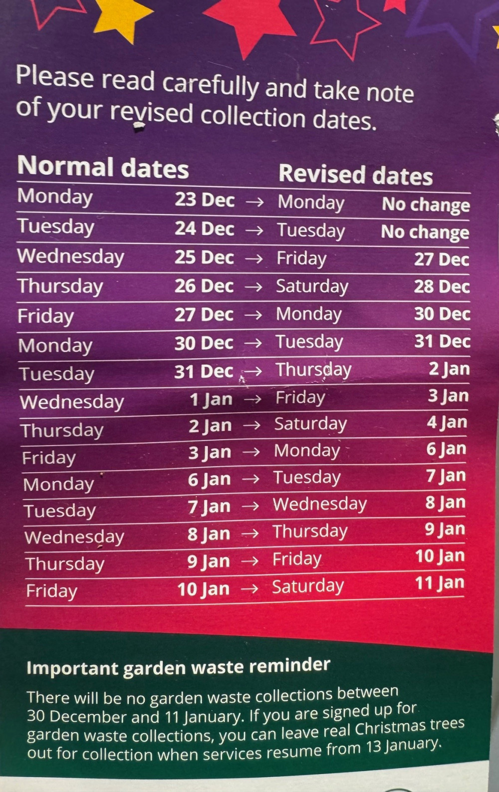 Hitchin Christmas bin schedule 