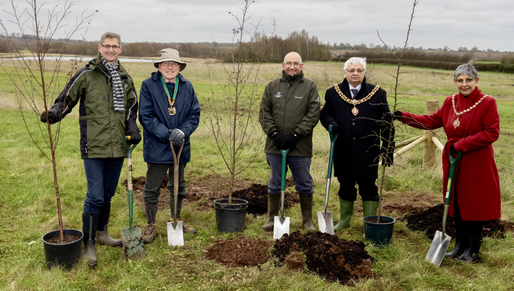 John Everitt OBE, chief executive of the National Forest, Councillor Richard Shepherd, Vice Chairman of Leicestershire County Council, and Mike Kapur OBE CStJ, Lord-Lieutenant of Leicestershire, Bhupen Dave, Lord Mayor of Leicester, with Lady Mayoress Usha Dave