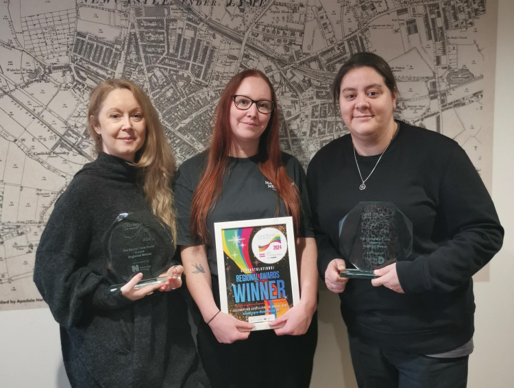 Hannah Barrington-Parry, Jamie Rogers and Emma Palin with their awards (Belong).